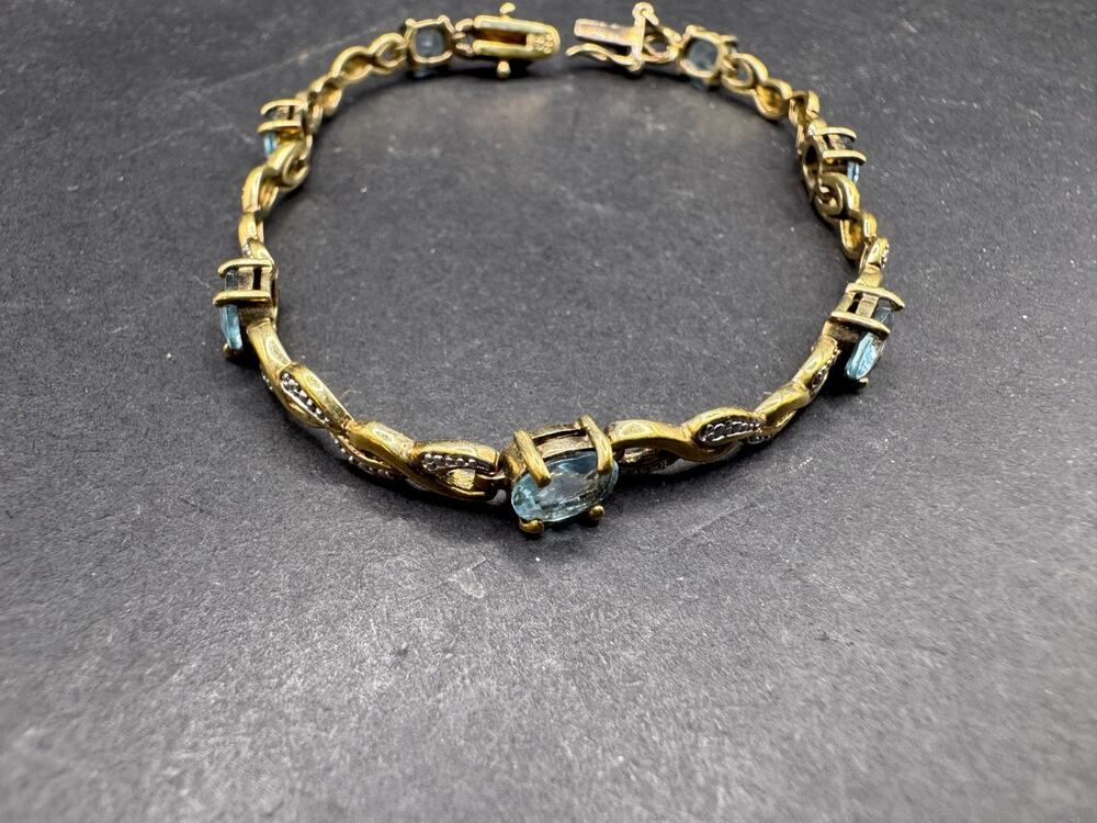 Vtg RJ Graziano Sterling Silver 925 Gold Tone Blue Topaz Tennis Bracelet Sz 7.5